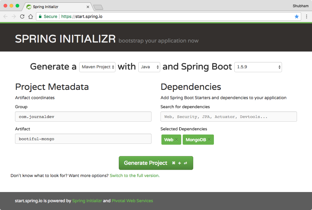 使用 spring initializr 设置 spring boot mongodb 项目