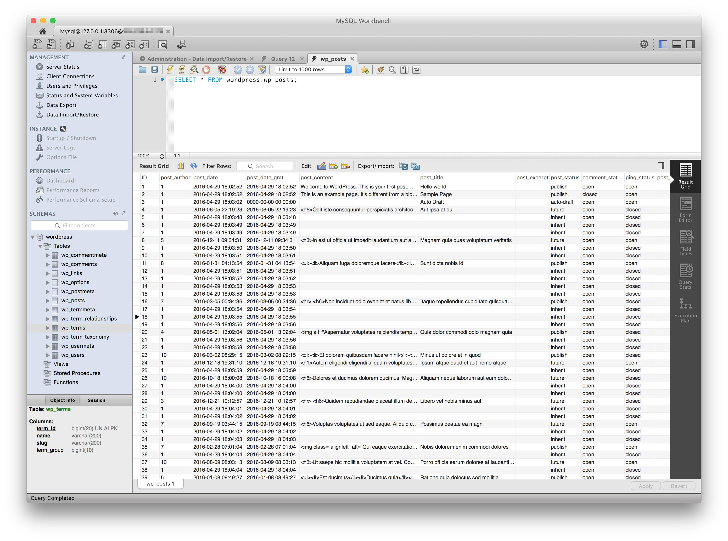 MySQL Workbench 中的表查询