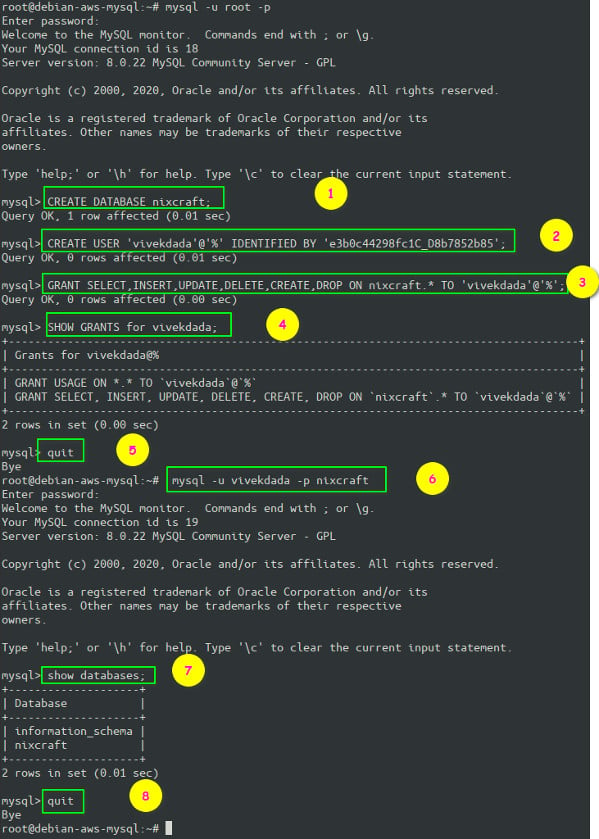 MySQL 添加新用户和数据库并在 Debian Linux 10 上测试