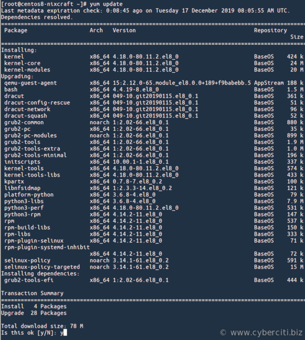 CentOS 8 使用 yum 应用安全更新