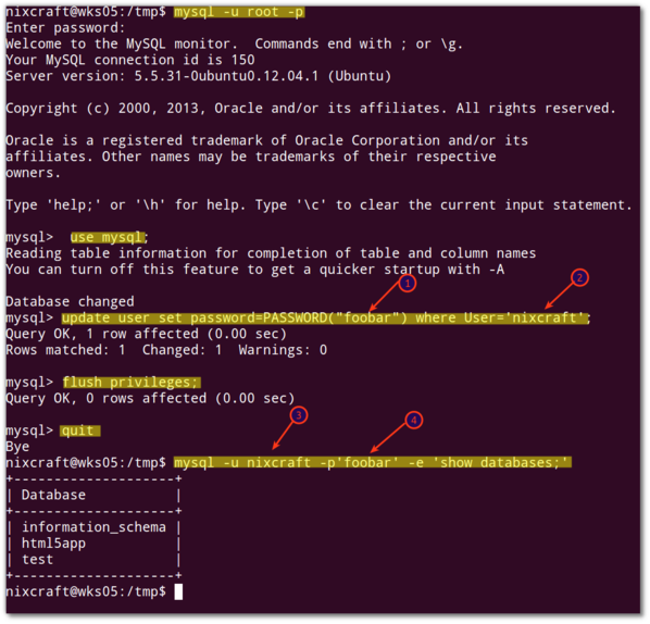 图 02：使用 sql 命令更改示例用户的 mysql 密码。