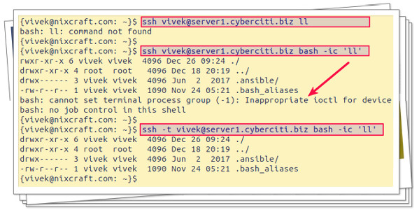 使用 Unix 或 Linux ssh cli 时通过基于 ssh 的会话运行 bash 别名