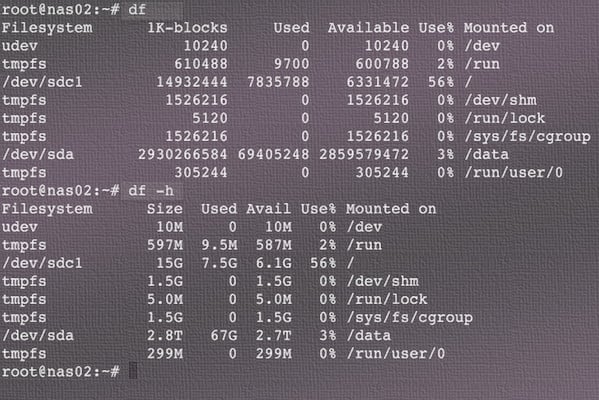 图 01：Linux 使用 df 命令检查磁盘空间