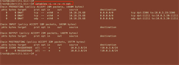 图 01：Linux 查看所有 iptables NAT、DNAT、MASQUERADE 规则