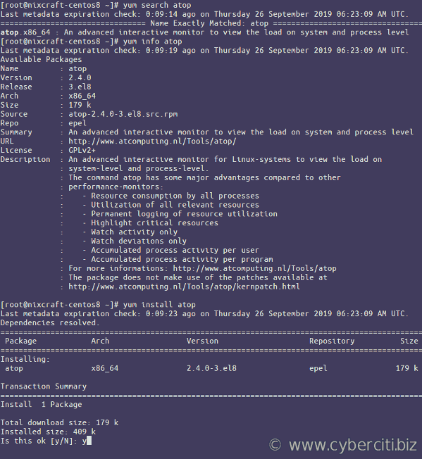 使用 epel repo yum 命令在 CentOS 8 上安装 atop 包