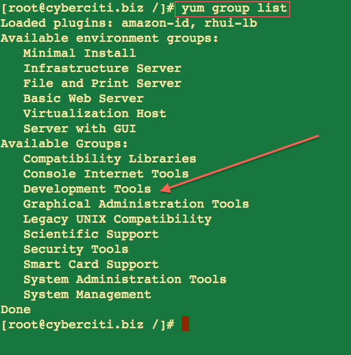 图 01：CentOS / RHEL 7：列出软件包组命令