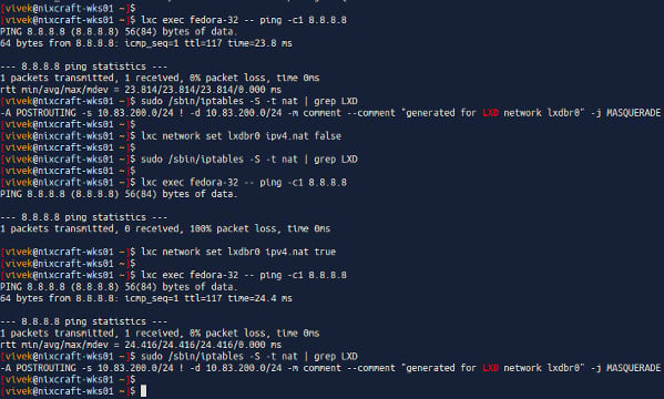 Linux 在 LXD 网桥上禁用防火墙和 NAT 规则 lxc 命令