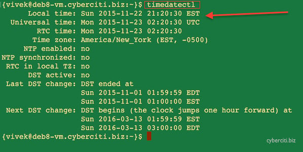 图 01：Systemd Linux timedatecetl 命令显示当前日期和时间