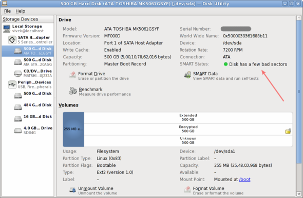 Linux 500 GB 硬盘 (ATA TOSHIBA MK5061GSYF) [-dev-sda] 磁盘实用程序失败