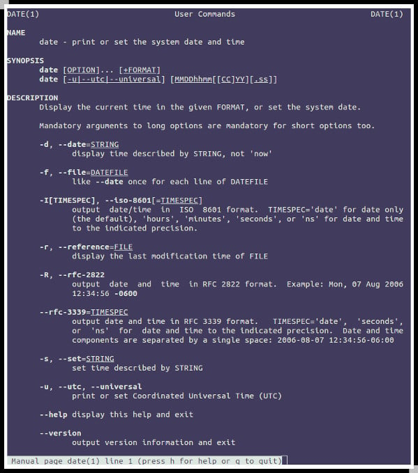 Man 是在线参考手册的界面。阅读 date comman 手册页。