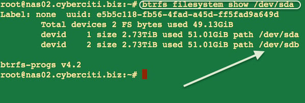 图 01 Linux btrfs 文件系统显示设备信息命令