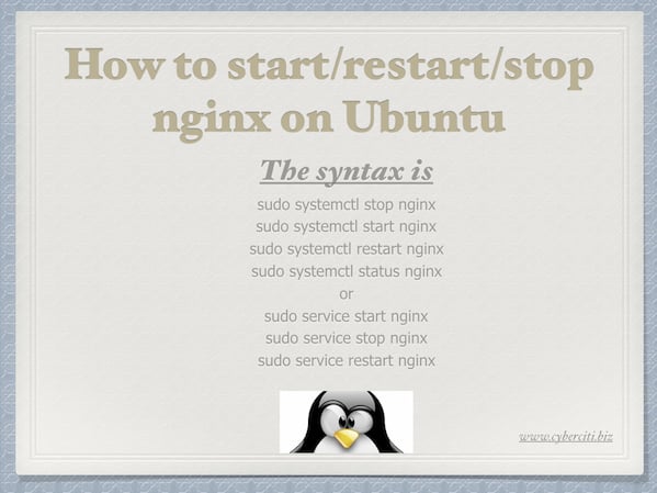 如何在 Ubuntu Linux LTS 服务器上停止或重新启动 nginx web 服务器？