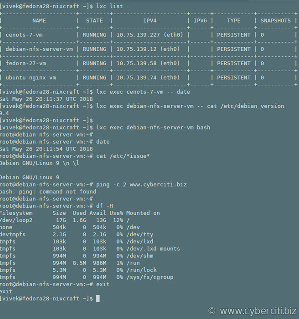 lxc 列表和 bash 会话示例