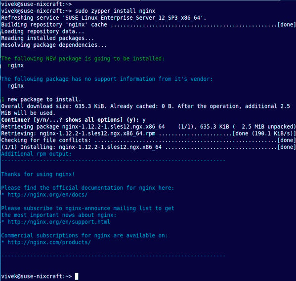 如何使用 zypper 命令在 SUSE Linux 上安装 Nginx